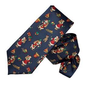Lands’ End Men’s Silk Tie Christmas Holiday Santa Toys Navy Blue Neckwear Office